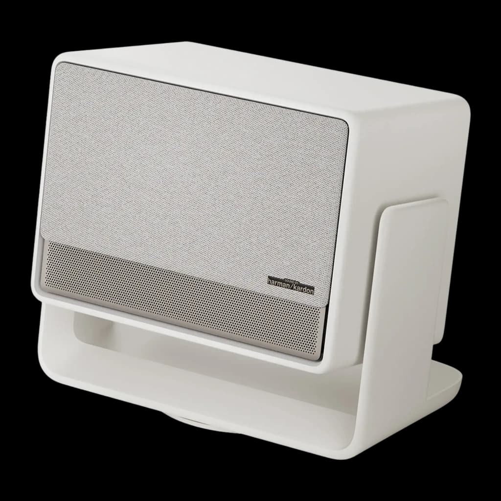 XGIMI Horizon S Pro blanco, vista en ángulo: diseño lateral con soporte y logo Harman/Kardon