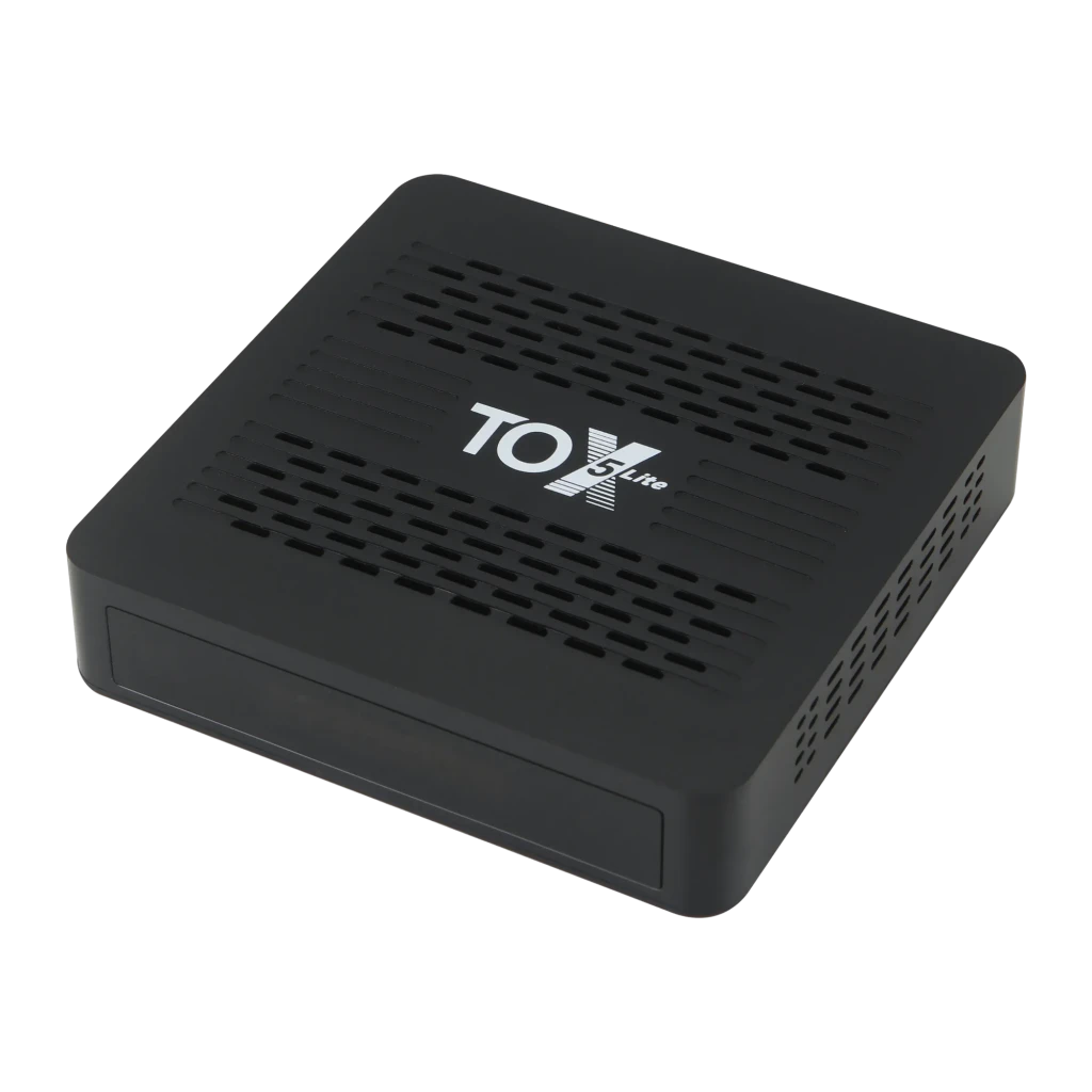 Reproductor TOX5 Lite S905X5M con carcasa negra ventilada y puertos laterales, acompañado de control remoto con teclas de volumen, canal y navegación OK - Ítem2