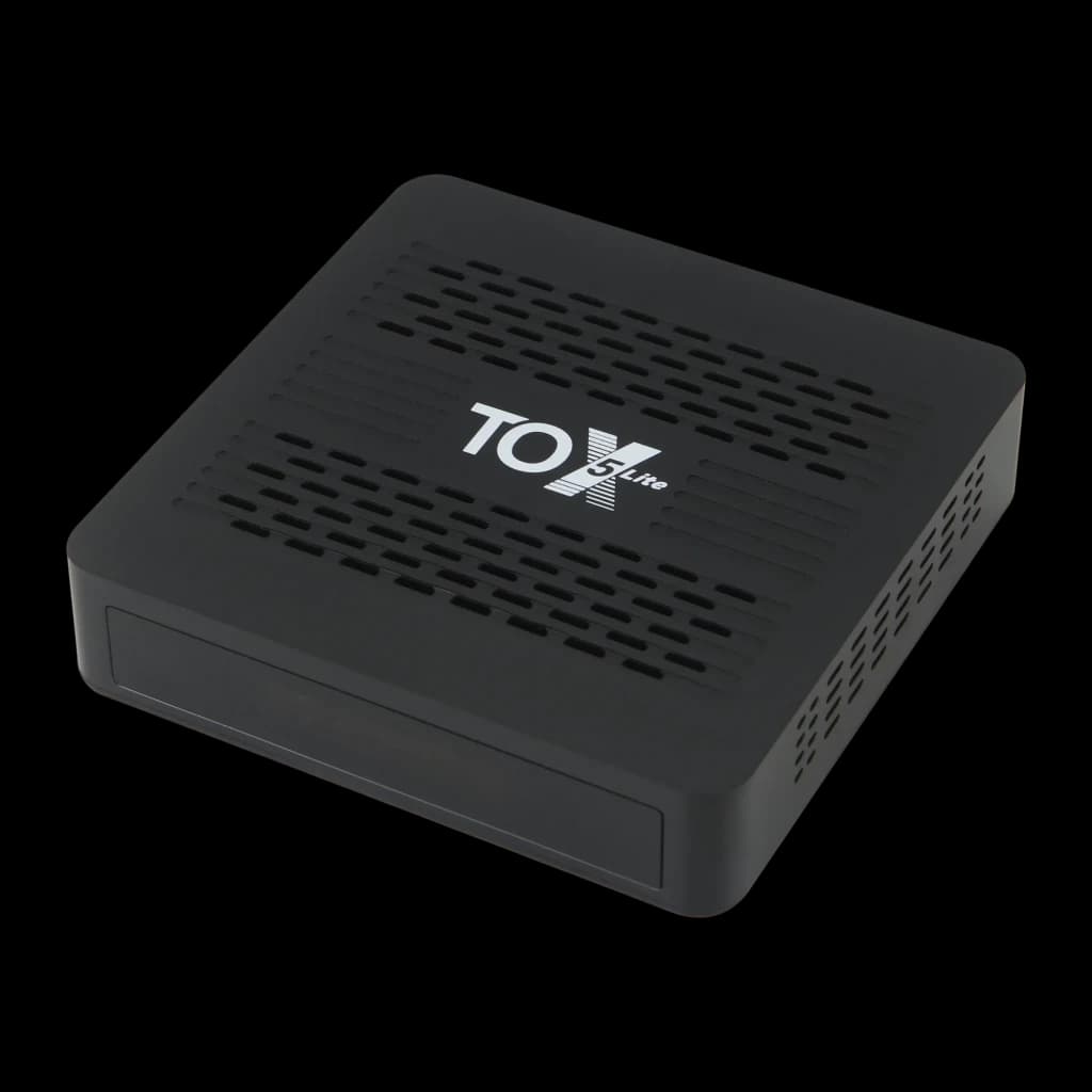 Reproductor Multimedia TOX5 Lite S905X5M negro, compacto, carcasa ventilada con rejillas, logo TOX Lite en la tapa, puertos laterales, diseño minimalista 4K