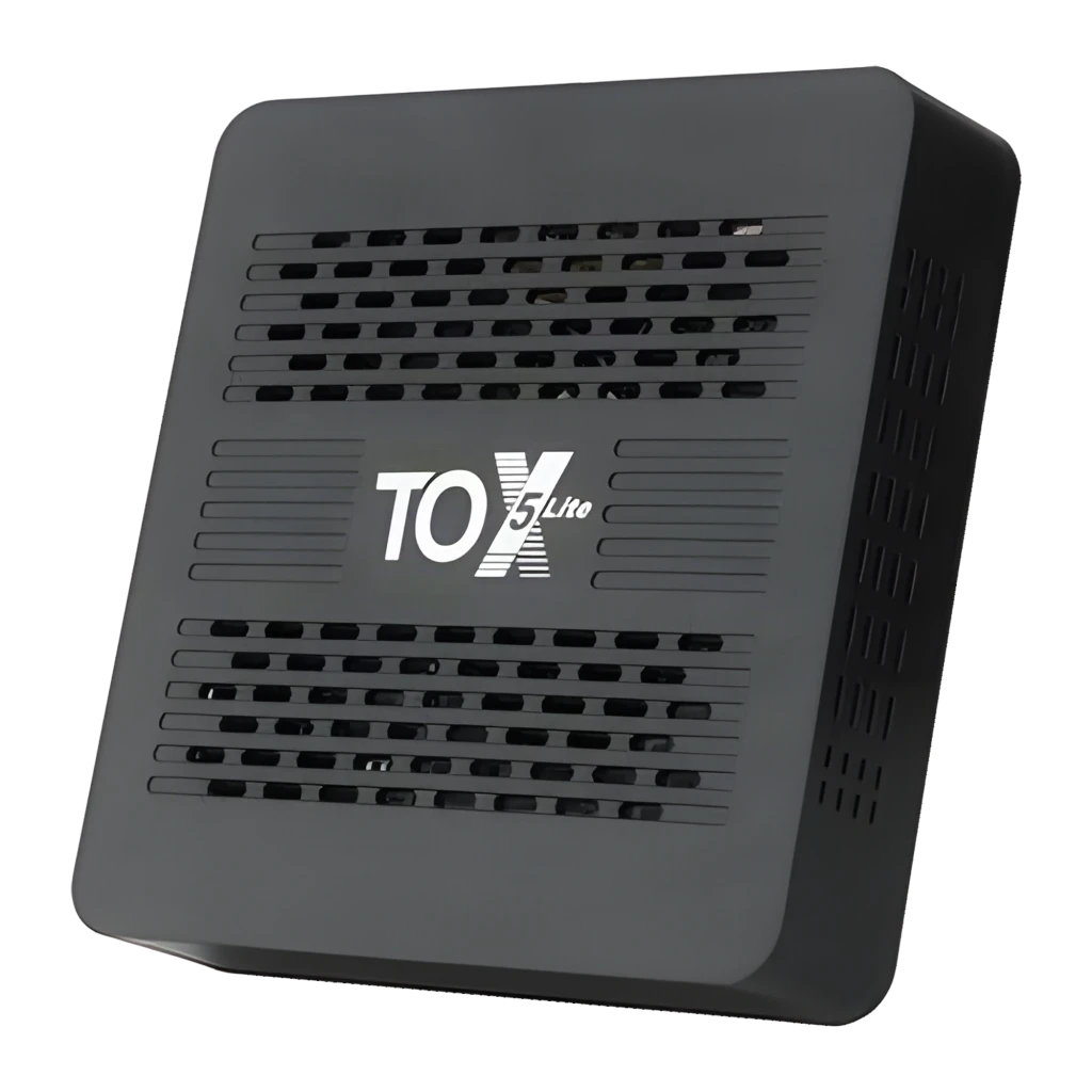 Reproductor TOX5 Lite S905X5M con carcasa negra ventilada y puertos laterales, acompañado de control remoto con teclas de volumen, canal y navegación OK - Ítem1
