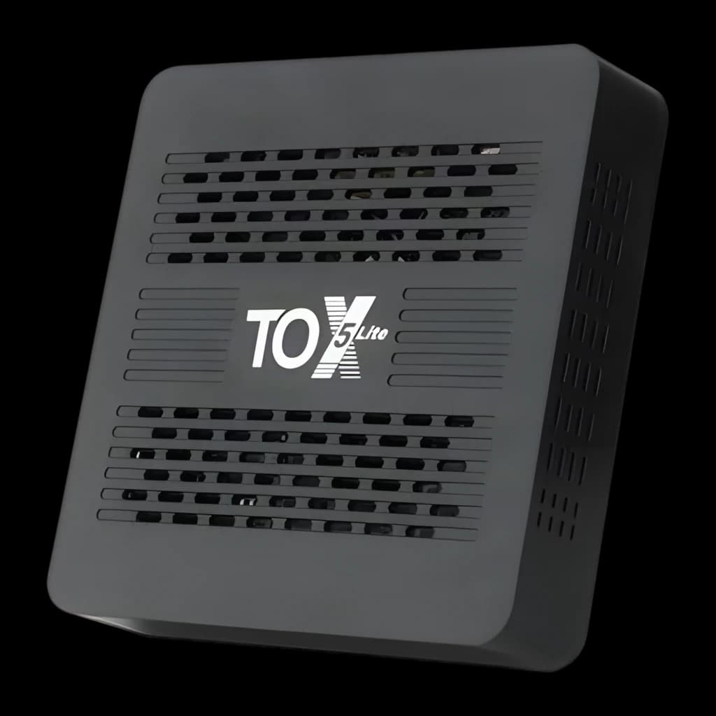 Reproductor TOX5 Lite S905X5M negro, compacto, carcasa ventilada con logo TOX frontal, puertos laterales, 2GB RAM, 32GB almacenamiento, 4K 60 fps