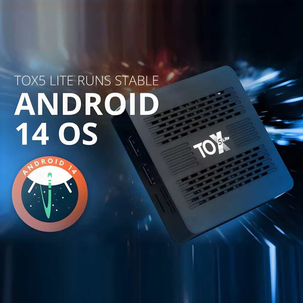 Reproductor TOX5 Lite S905X5M con carcasa negra ventilada y puertos laterales, acompañado de control remoto con teclas de volumen, canal y navegación OK - Ítem7