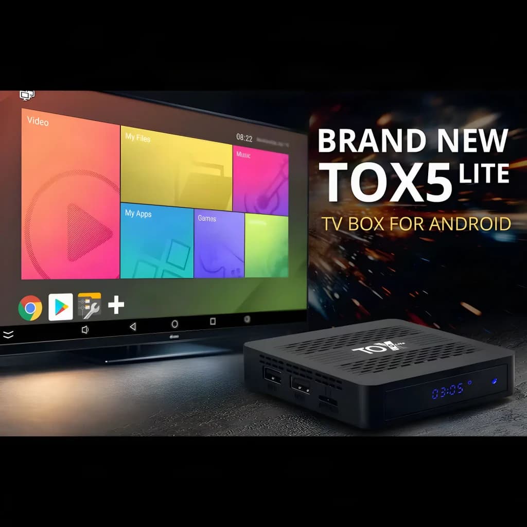 TV box TOX5 Lite S905X5M compacto con carcasa negra ventilada, cuatro USB laterales, LED frontal, mando a distancia y salida 4K 60fps en pantalla Android