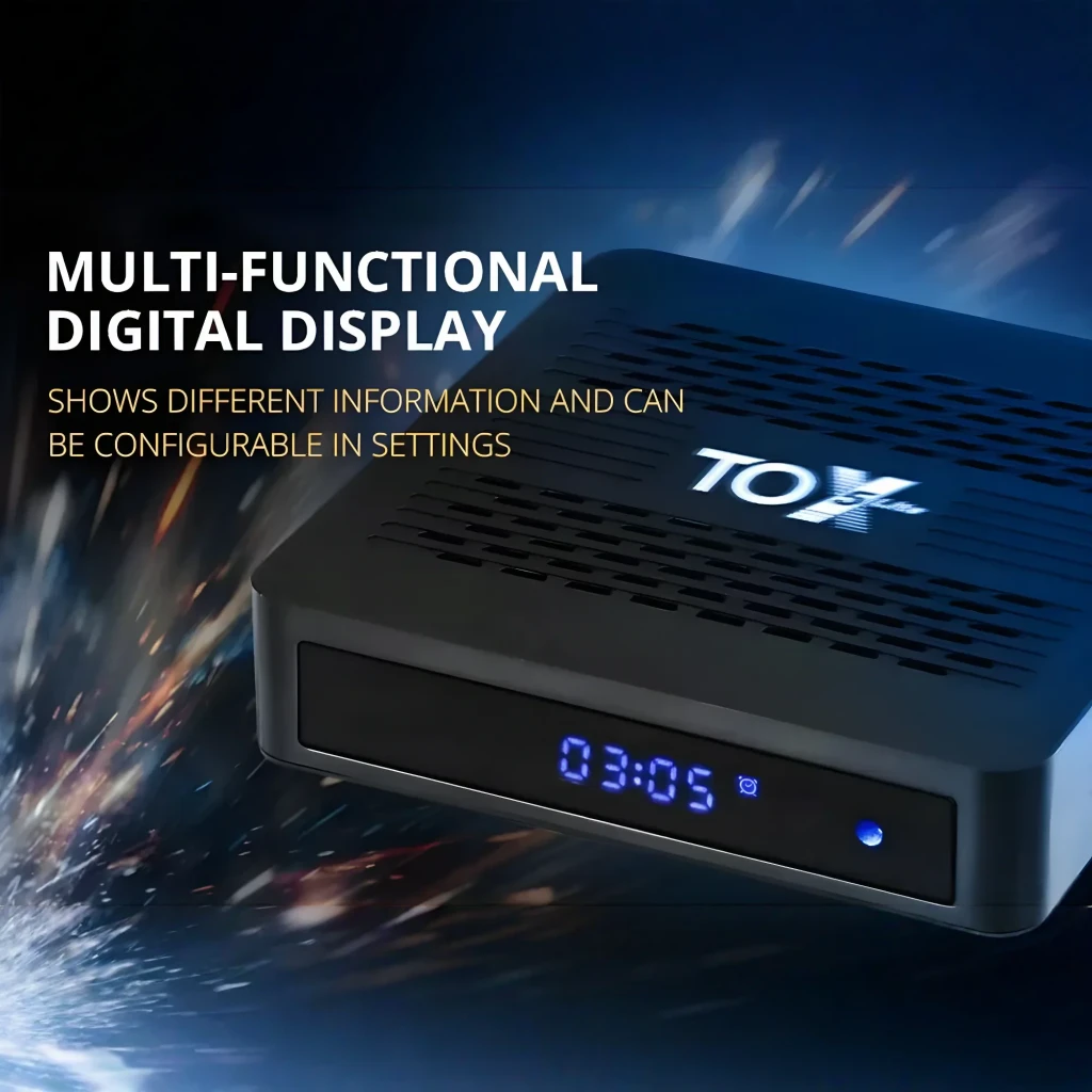 Reproductor TOX5 Lite S905X5M con carcasa negra ventilada y puertos laterales, acompañado de control remoto con teclas de volumen, canal y navegación OK - Ítem4