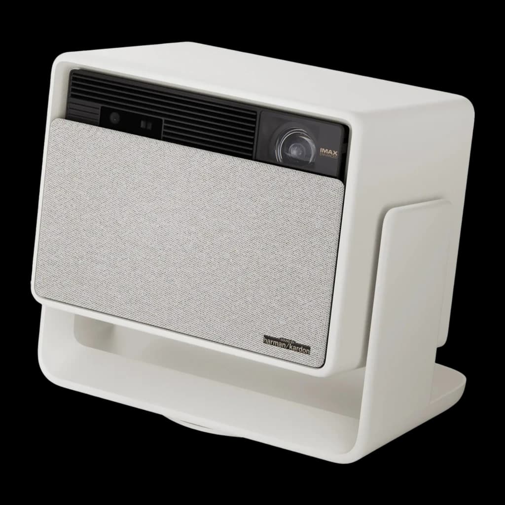 XGIMI Horizon S Max Proyector 4K 64GB blanco, vista frontal lateral: lente IMAX, rejilla ventilación y altavoz Harman Kardon