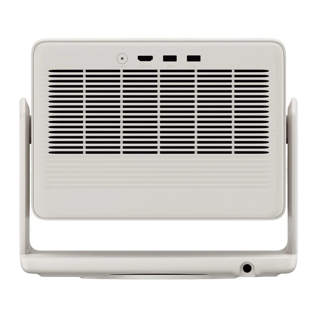 XGIMI Horizon S Max Proyector 4K 64GB blanco, vista trasera: rejilla de ventilación, puertos de conectividad y soporte