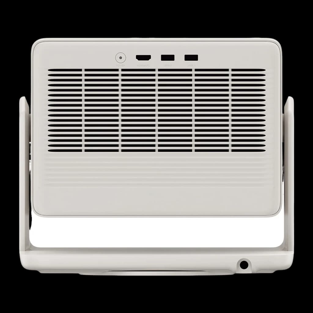 XGIMI Horizon S Max Proyector 4K 64GB blanco, vista trasera: rejilla de ventilación, puertos de conectividad y soporte