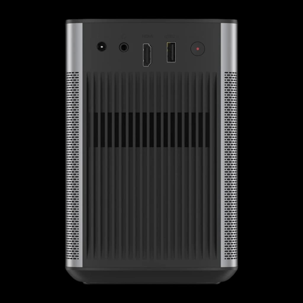 Parte trasera del Proyector XGIMI Halo+ GTV con rejilla de ventilación, puertos HDMI y USB, entrada de audio y botón de encendido en acabado gris oscuro