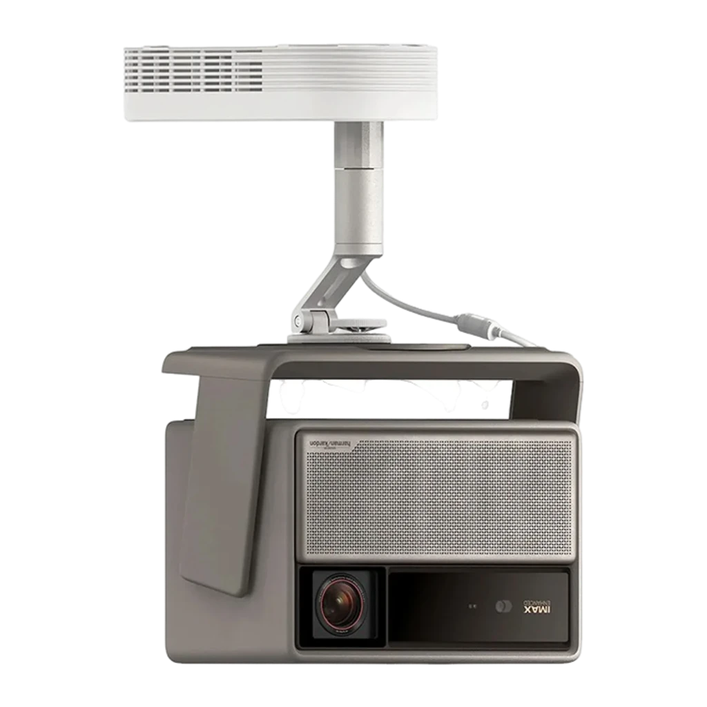 XGIMI Horizon 20 Pro 128GB gris, kit soporte techo: proyector invertido con brazo de techo blanco articulado, vista inferior