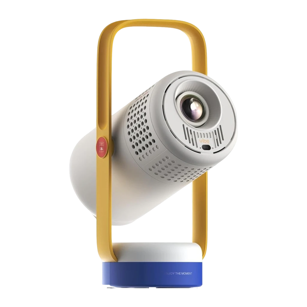 XGIMI Vibe One 32GB blanco, vista frontal: lente, asa dorada, base azul y cuerpo cilíndrico inclinado