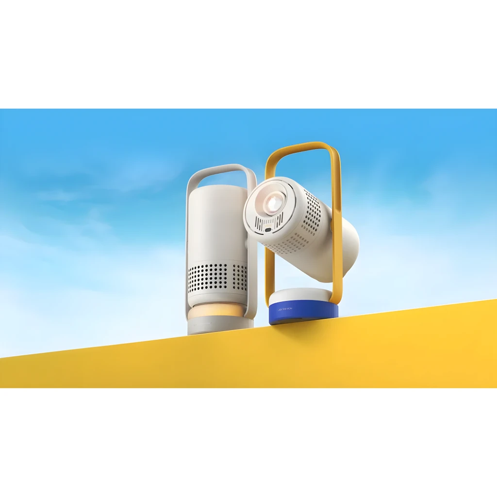 XGIMI Vibe One 32GB blanco, vista doble: dos unidades con asa amarilla, lente y rejillas visibles, fondo cielo
