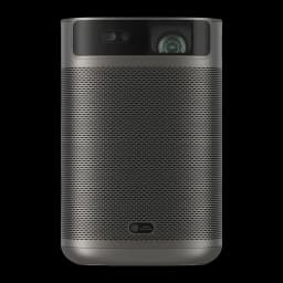 Proyector XGIMI MoGo 2 Pro Gen 2 compacto en gris, lente frontal con anillo verde, panel superior negro y rejilla metálica perforada en toda la cara frontal
