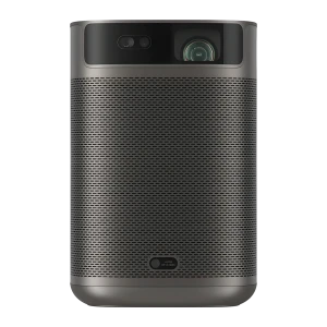 Projecteur XGIMI MoGo 2 Pro Gen 2 compact gris, façade grille métallique, objectif DLP 1080p avec anneau vert, capteurs frontaux et logo audio bas frontal