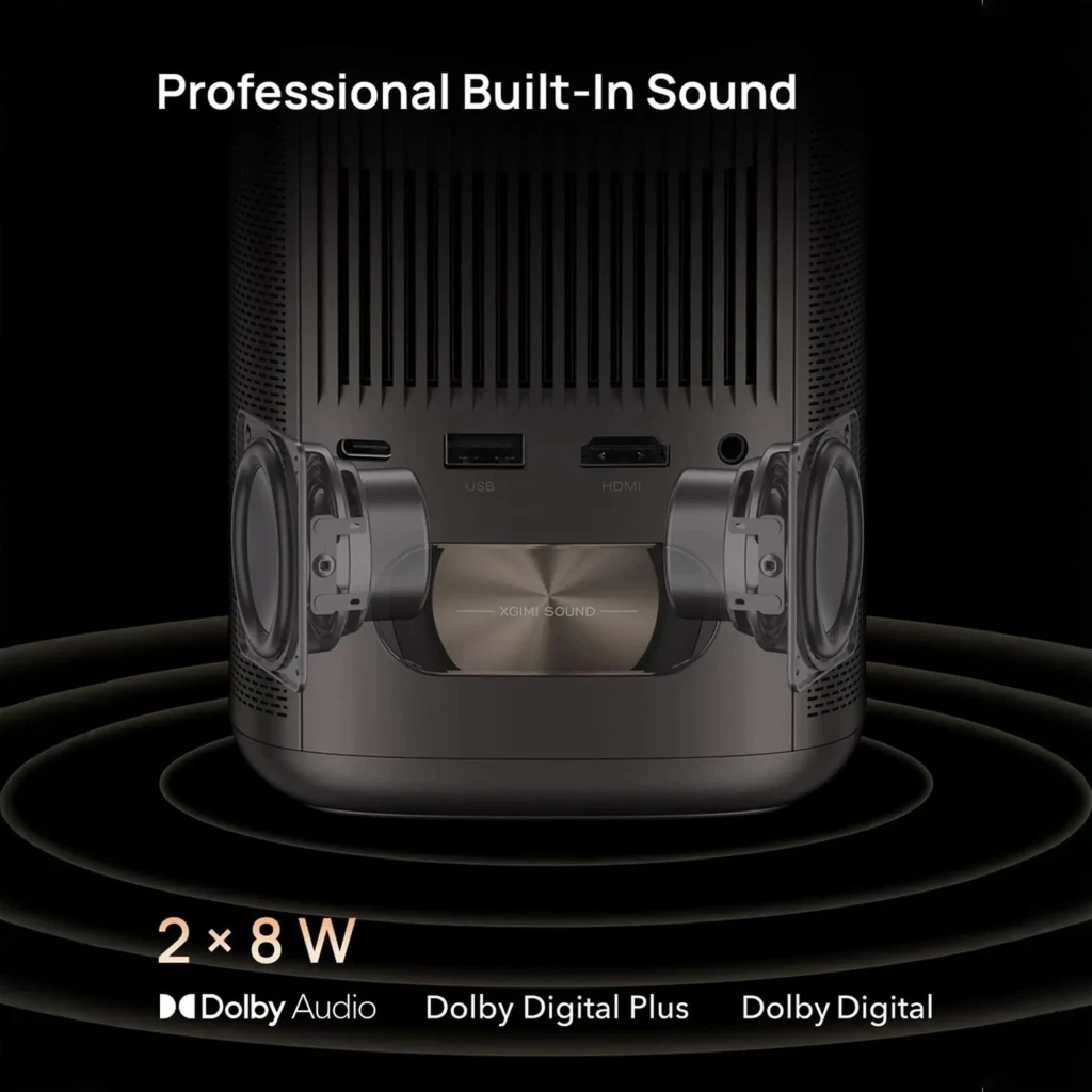 Projecteur XGIMI MoGo 2 Pro Gen 2 compact gris, façade grille métallique, objectif DLP 1080p avec anneau vert, capteurs frontaux et logo audio bas frontal - Ítem8