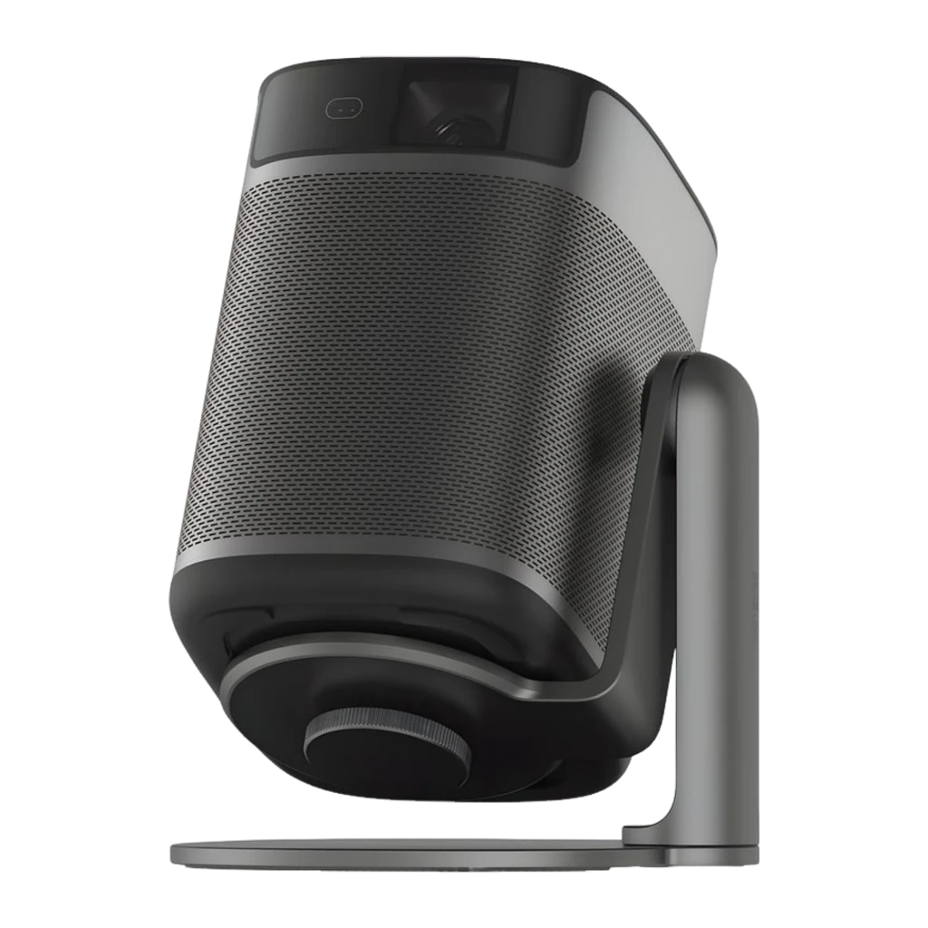 Projecteur XGIMI MoGo 2 Pro Gen 2 compact gris, façade grille métallique, objectif DLP 1080p avec anneau vert, capteurs frontaux et logo audio bas frontal - Ítem6