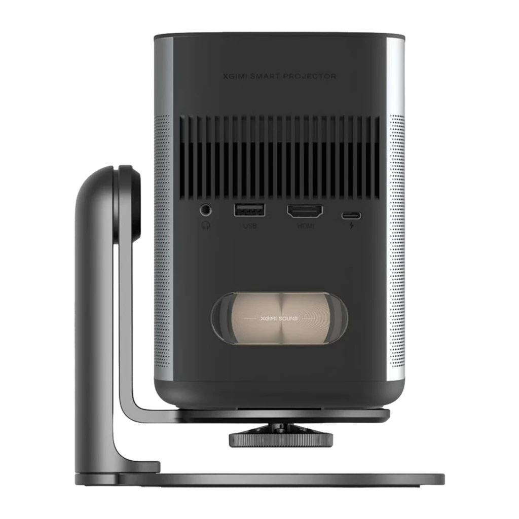 Projecteur XGIMI MoGo 2 Pro Gen 2 compact gris, façade grille métallique, objectif DLP 1080p avec anneau vert, capteurs frontaux et logo audio bas frontal - Ítem5
