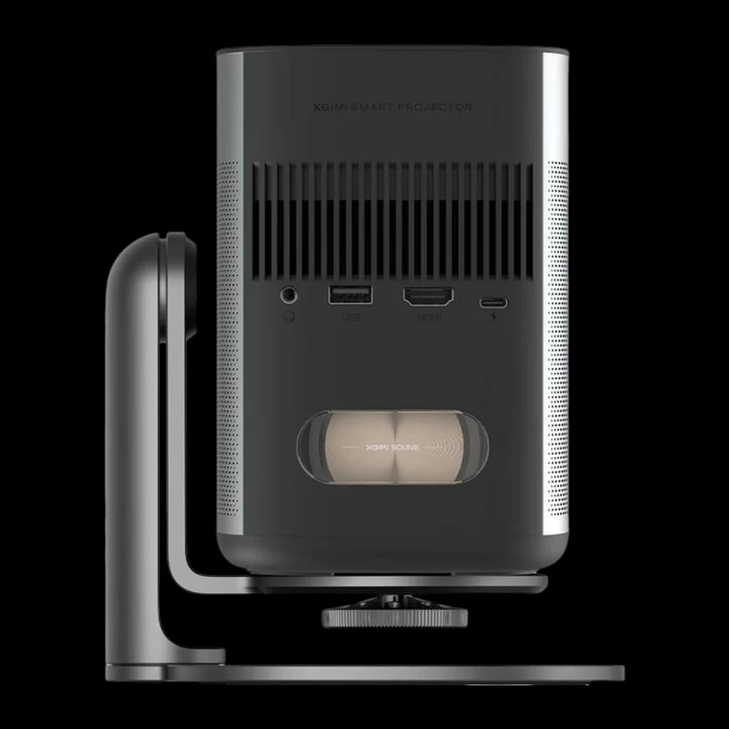 Proyector XGIMI MoGo 2 Pro Gen 2 1080p, diseño compacto gris, rejillas de ventilación traseras, puertos HDMI y USB, altavoz integrado Harman Kardon