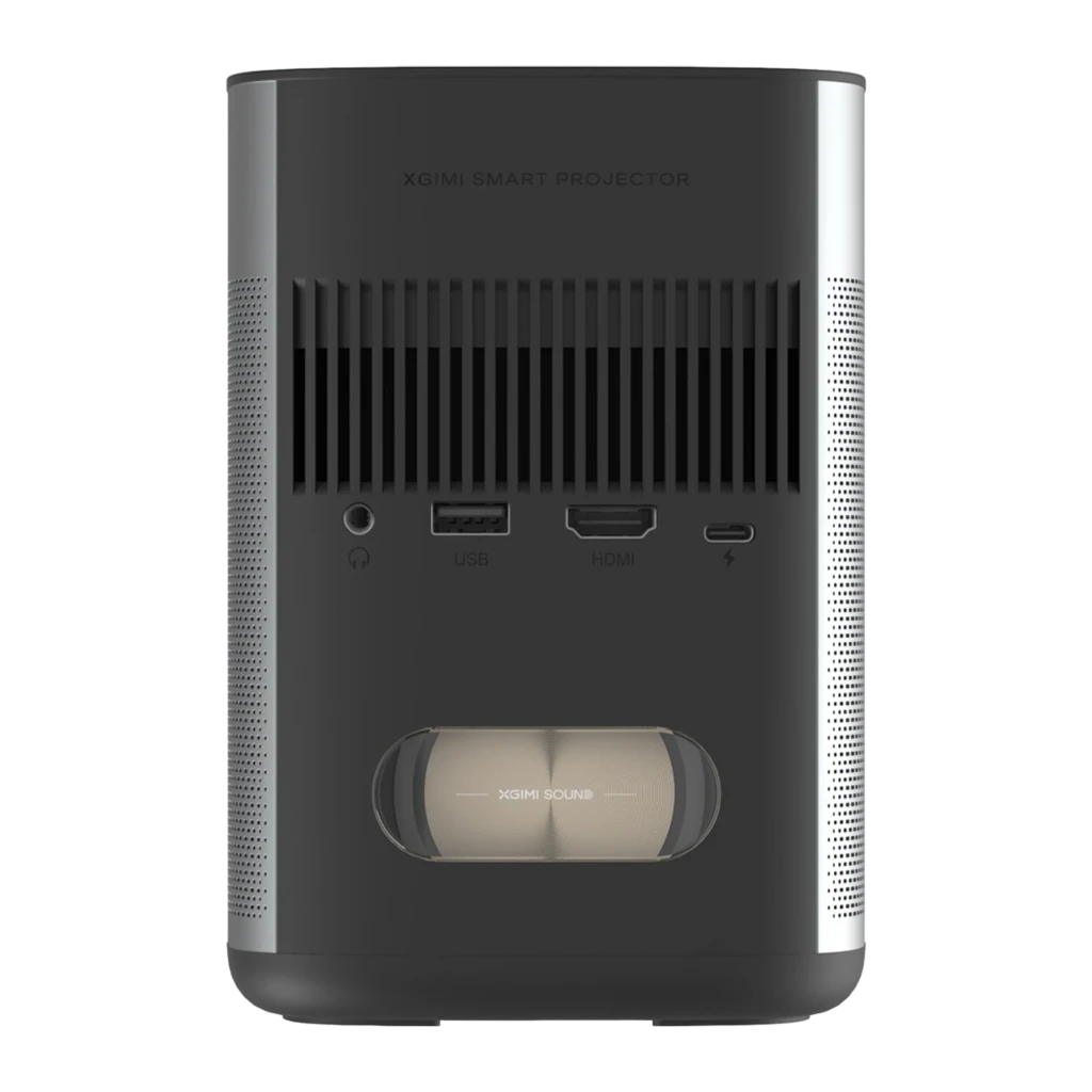 Projecteur XGIMI MoGo 2 Pro Gen 2 compact gris, façade grille métallique, objectif DLP 1080p avec anneau vert, capteurs frontaux et logo audio bas frontal - Ítem7