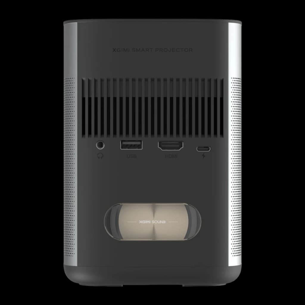 Parte trasera del proyector XGIMI MoGo 2 Pro Gen 2 en gris, con rejillas de ventilación, puertos USB, HDMI y USB-C, y módulo de sonido integrado