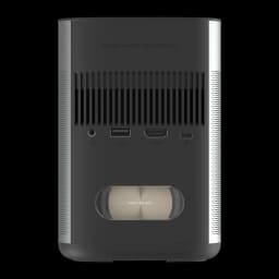 Parte trasera del proyector XGIMI MoGo 2 Pro Gen 2 en gris, con rejillas de ventilación, puertos USB, HDMI y USB-C, y módulo de sonido integrado