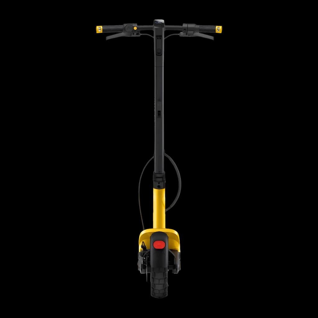 Xiaomi Electric Scooter 6 Ultra GL Noir Jaune, vue de face: guidon, tige noire, fourche jaune et roue avant avec feu rouge