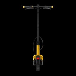 Xiaomi Electric Scooter 6 Ultra GL Noir Jaune, vue de face: guidon, tige noire, fourche jaune et roue avant avec feu rouge