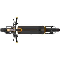 Xiaomi Electric Scooter 6 Ultra GL Noir Jaune, vue de dessus: plateforme striée avec bords jaunes et logo Xiaomi