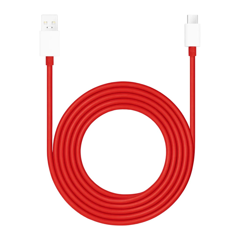 Cabo OnePlus SuperVOOC DL129 USB-A para USB-C 10A 1,5m em vermelho, conector USB-A branco e USB-C branco, fio grosso e resistente, ideal para carga rápida - Item