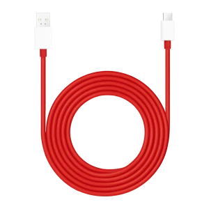 Cabo OnePlus SuperVOOC DL129 USB-A para USB-C 10A 1,5m em vermelho, conector USB-A branco e USB-C branco, fio grosso e resistente, ideal para carga rápida