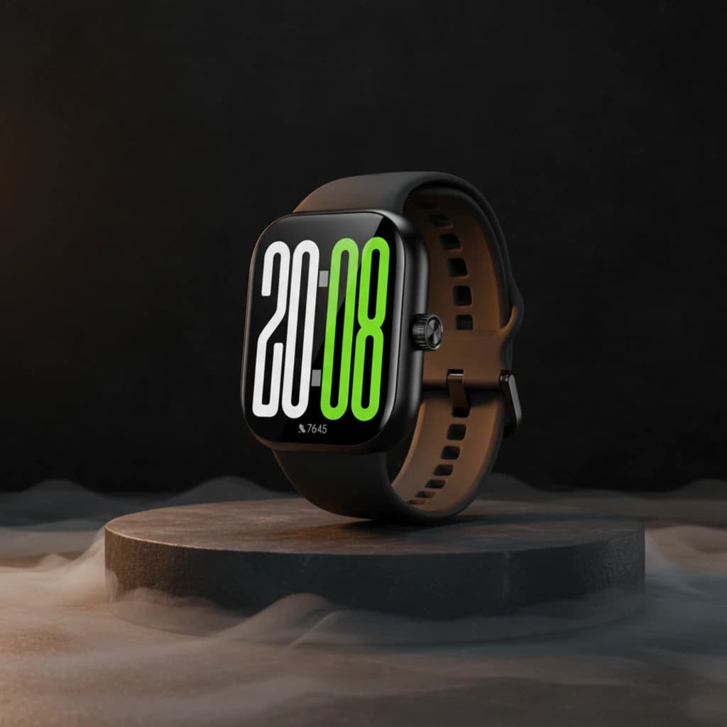 Honor Choice Watch 2 Pro Preto com caixa quadrada, ecrã grande com números 20:08 em verde e branco, correia silicone preta, botões laterais discretos