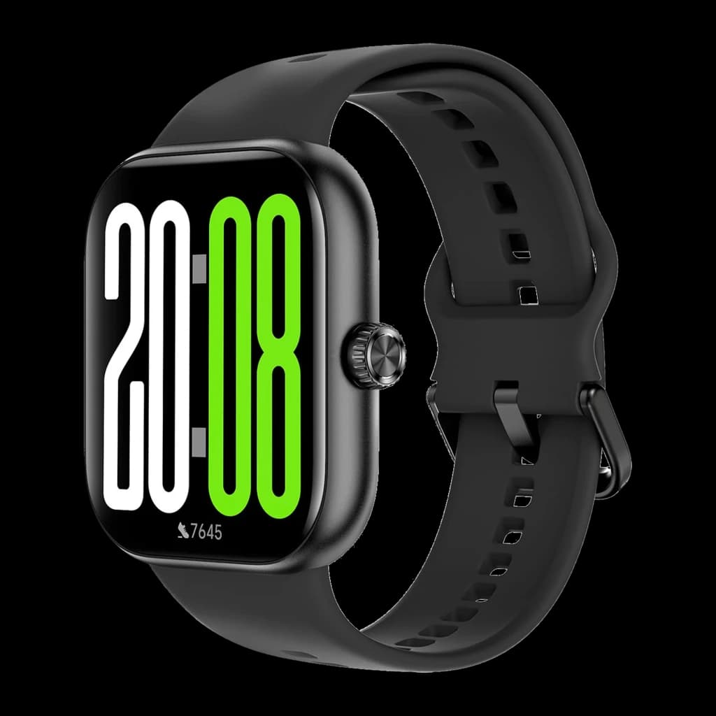 Honor Choice Watch 2 Pro Preto com caixa retangular, mostrador digital grande verde e branco, coroa lateral texturizada e pulseira de silicone preta ajustável
