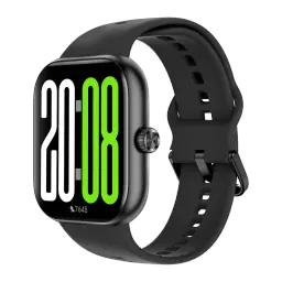 Honor Choice Watch 2 Pro Preto com caixa retangular, mostrador digital grande verde e branco, coroa lateral texturizada e pulseira de silicone preta ajustável