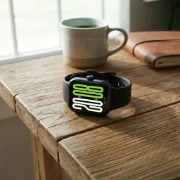 Honor Choice Watch 2 Pro Preto com caixa retangular, tela grande com números verdes e brancos, pulseira de silicone preta, design moderno sobre mesa de madeira