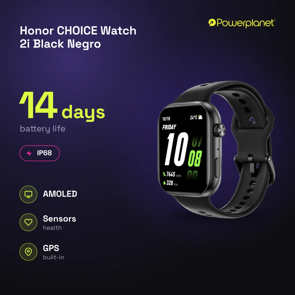 Honor Choice Watch 2i Negro con pantalla rectangular, correa de silicona, botón lateral y hebilla; muestra hora, clima, pasos, calorías y batería en verde y - Ítem1