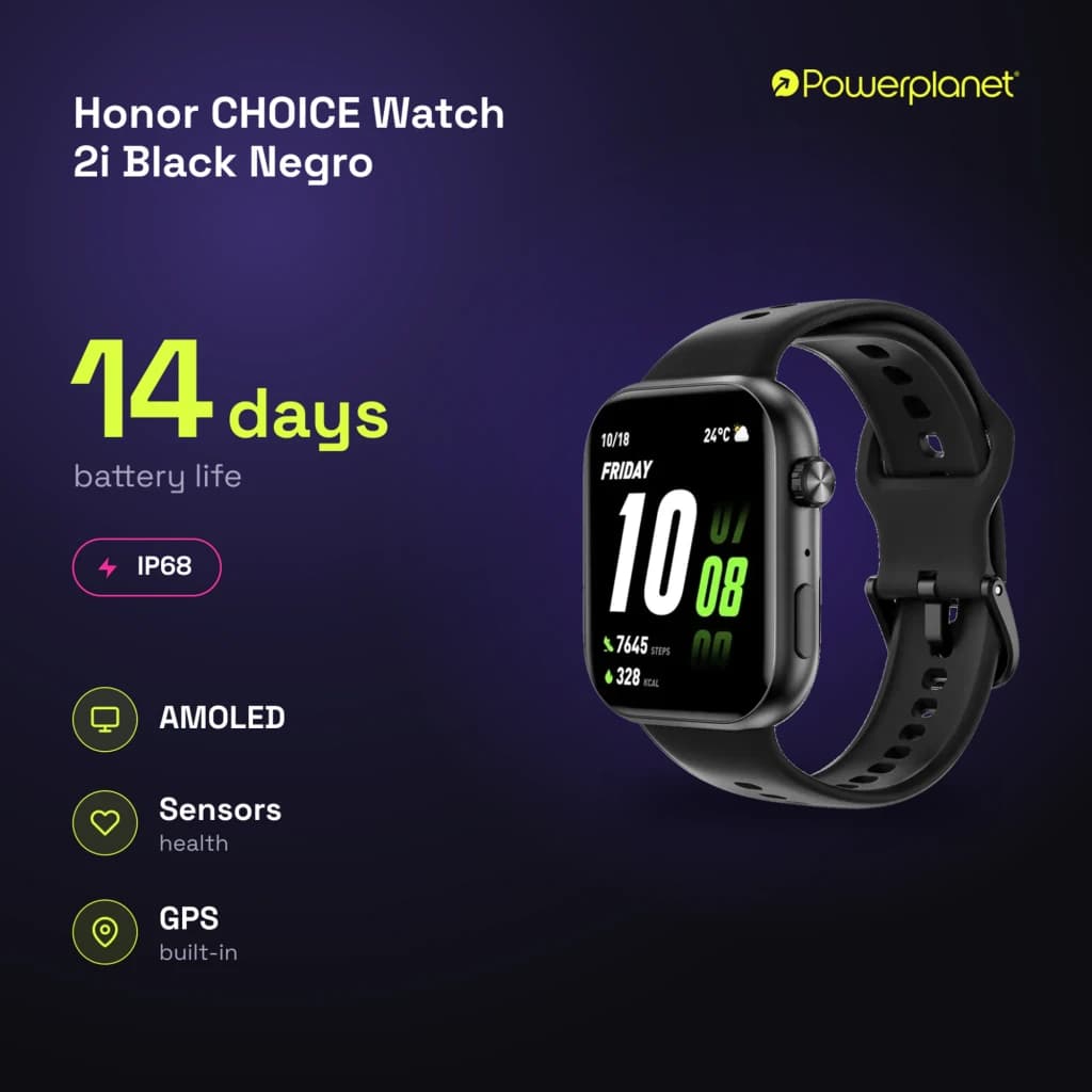 Honor Choice Watch 2i Preto com ecrã AMOLED, mostrador retangular, pulseira de silicone preta, métricas de saúde no visor e design resistente IP68