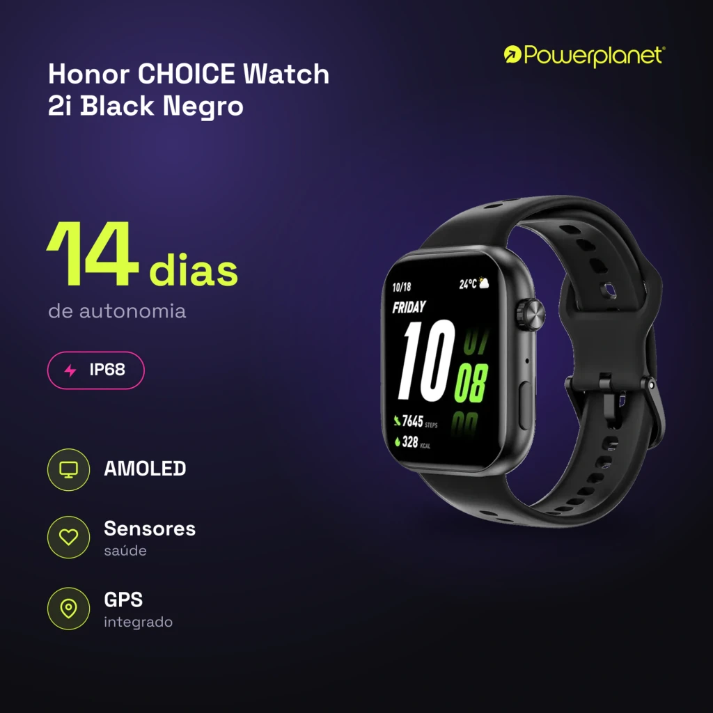 Honor Choice Watch 2i Negro con pantalla rectangular, correa de silicona, botón lateral y hebilla; muestra hora, clima, pasos, calorías y batería en verde y - Ítem3