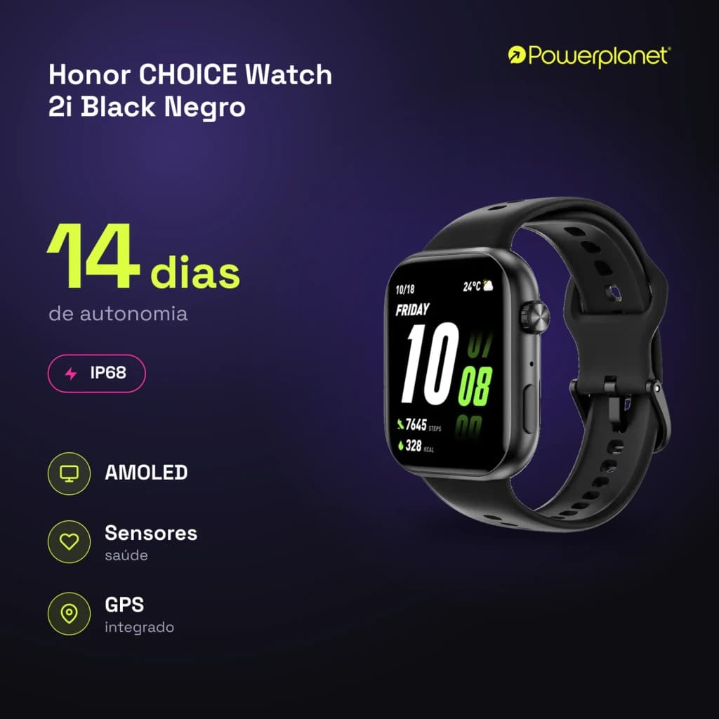 Honor Choice Watch 2i Preto com ecrã AMOLED, mostrador retangular, pulseira de silicone preta, botões laterais, resistência IP68 e mostragem de passos e