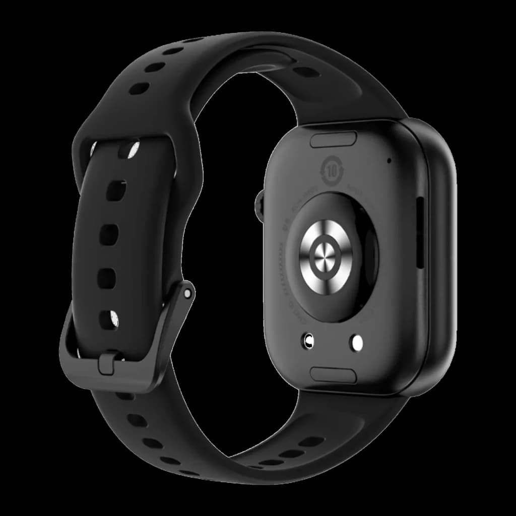 Honor Choice Watch 2i Preto com caixa retangular preta, sensor traseiro circular metálico, dois pinos de carga e pulseira esportiva preta perfurada