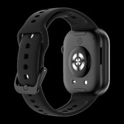 Honor Choice Watch 2i Preto com caixa retangular preta, sensor traseiro circular metálico, dois pinos de carga e pulseira esportiva preta perfurada