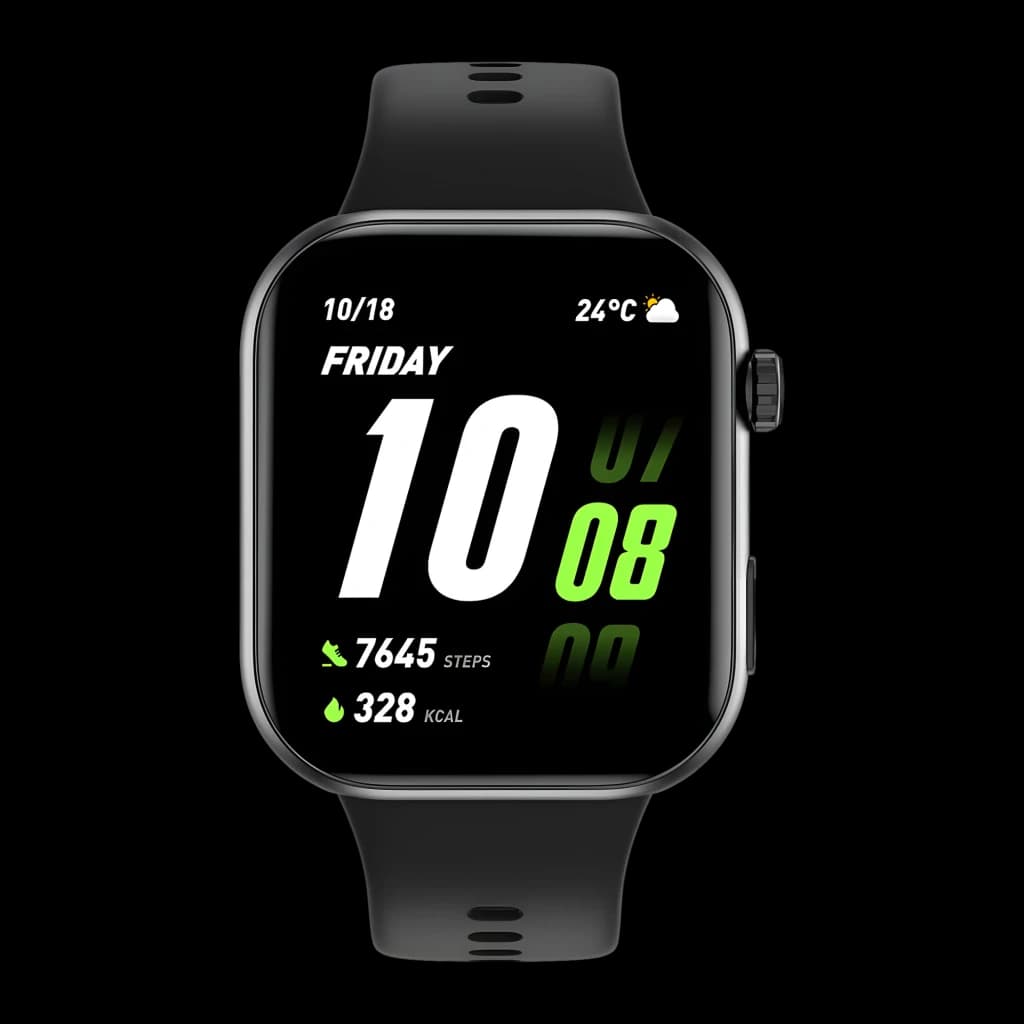 Honor Choice Watch 2i Preto com tela retangular grande, mostrador digital verde e branco, pulseira preta em silicone, botão lateral e ícones de passos, kcal