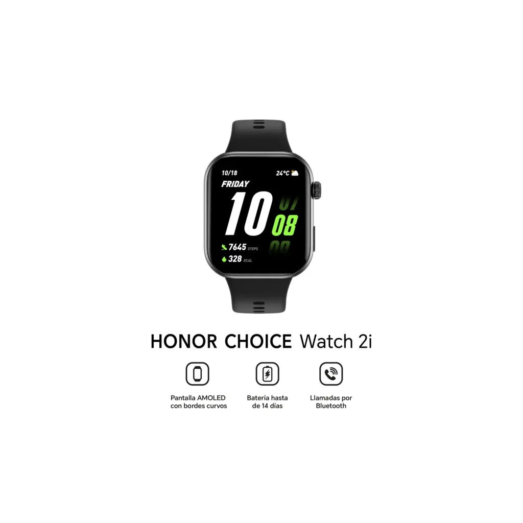 Honor Choice Watch 2i Negro con pantalla rectangular, correa de silicona, botón lateral y hebilla; muestra hora, clima, pasos, calorías y batería en verde y - Ítem7
