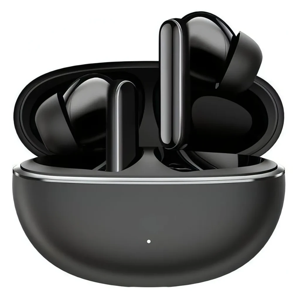 Auriculares inalámbricos negros con estuche ovalado brillante, diseño in-ear con almohadillas de silicona, tallos pulidos y LED frontal en el estuche - Ítem1