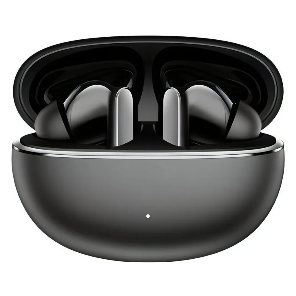 Auriculares inalámbricos negros con estuche ovalado brillante, diseño in-ear con almohadillas de silicona, tallos pulidos y LED frontal en el estuche - Ítem2