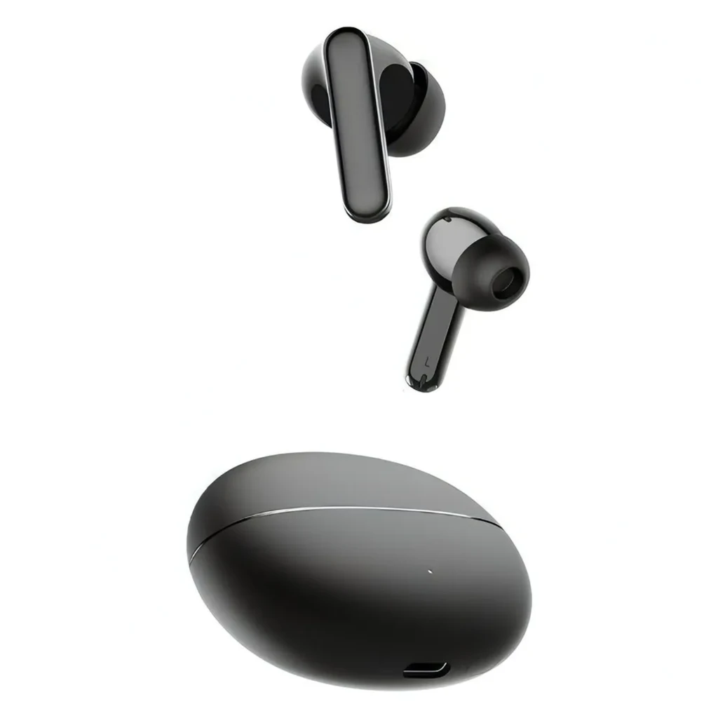 Auriculares inalámbricos negros con estuche ovalado brillante, diseño in-ear con almohadillas de silicona, tallos pulidos y LED frontal en el estuche - Ítem4