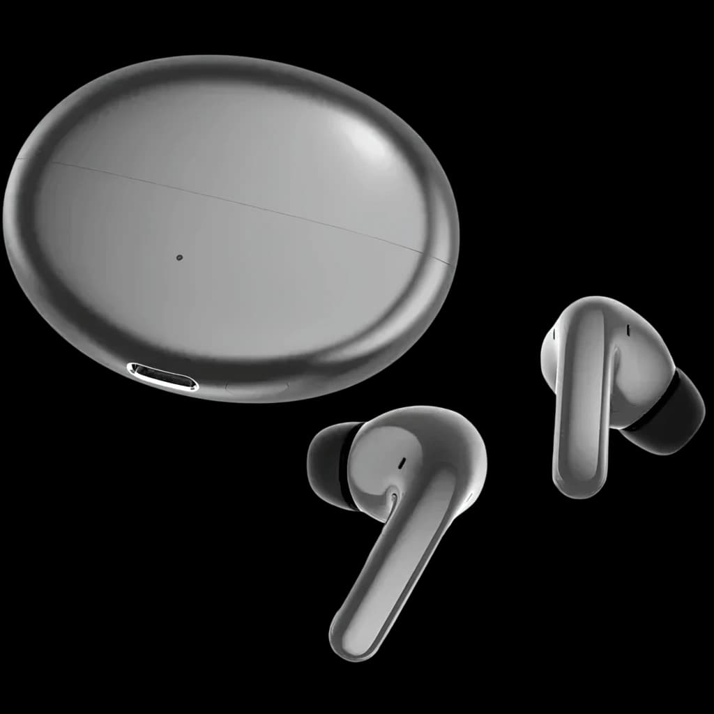 Boîtier ovale gris et deux écouteurs TWS gris au design allongé avec embouts silicone noirs, finition métallisée lisse et port USB‑C sur l’étui