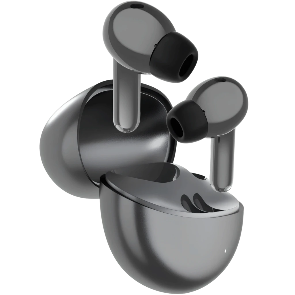 Boîtier gris brillant avec deux écouteurs TWS ergonomiques à tiges courbées, finition métallisée, embouts lisses et intérieur sombre pour rangement - Ítem3
