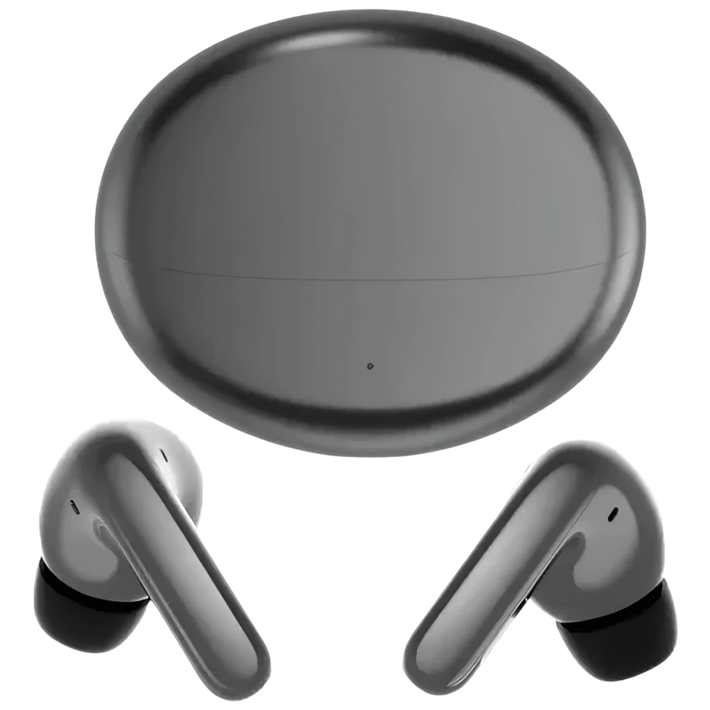 Boîtier gris brillant avec deux écouteurs TWS ergonomiques à tiges courbées, finition métallisée, embouts lisses et intérieur sombre pour rangement - Ítem1