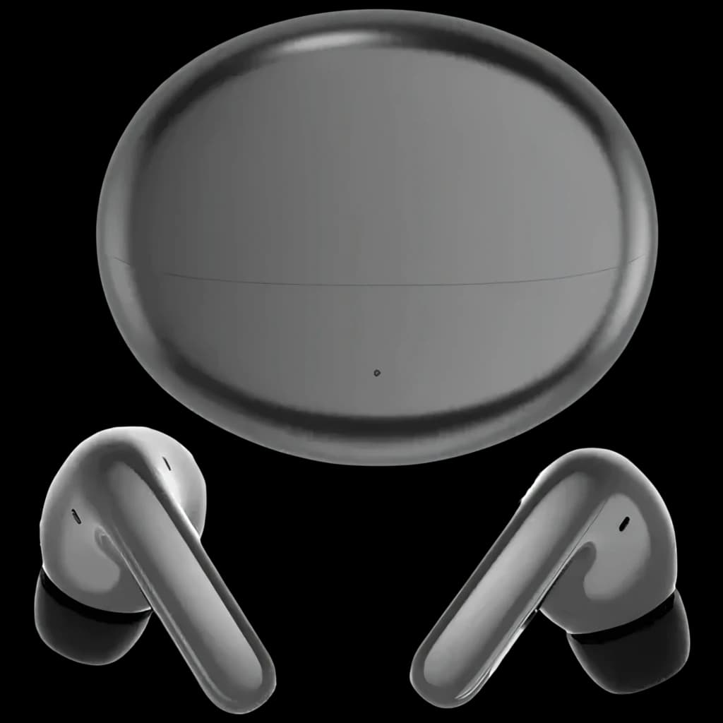 Boîtier ovale gris lisse et deux écouteurs TWS assortis au fini brillant, embouts silicone noirs, tiges courtes au design épuré