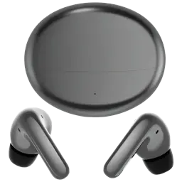 Boîtier ovale gris lisse et deux écouteurs TWS assortis au fini brillant, embouts silicone noirs, tiges courtes au design épuré