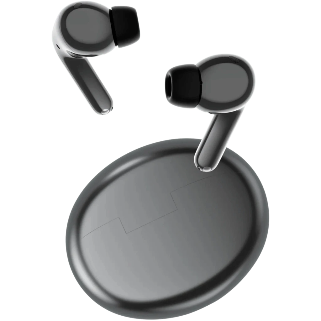 Boîtier gris brillant avec deux écouteurs TWS ergonomiques à tiges courbées, finition métallisée, embouts lisses et intérieur sombre pour rangement - Ítem2